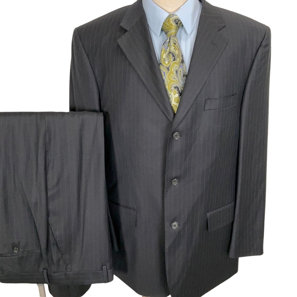 Pronto Uomo Couture Suit Men 44L 35W 32L Black PInstripe Super 120s Wool Classic